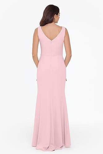 Women's Long Sleeveless Boat Neck Ruffle Side Slit Scuba Crepe Gown