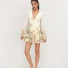 Dresses for Women Floral Print V Neck Long Sleeve High Waist Knotted Ruffle A Line Mini Dress