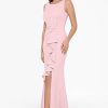 Women's Long Sleeveless Boat Neck Ruffle Side Slit Scuba Crepe Gown