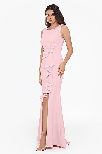 Women's Long Sleeveless Boat Neck Ruffle Side Slit Scuba Crepe Gown