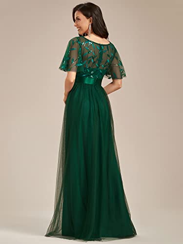 Women's Formal Dresses Crew Neck Sequin Ruffle Sleeve Empire Waist Beaded Long Evening Dresses 00904
