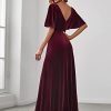 Women's Retro Evening Gown A Line V-Neck Wrap Velvet Long Formal Dresses 0861
