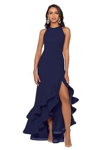Women's Petite Long Sleeveless Stretch Scuba Crepe Ruffle Dress