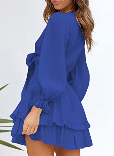 Womens Dresses Spring Summer Knot Front V Neck Ruffles Long Sleeve Floral Print Swing Mini Dress