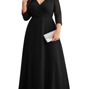 Plus Size Maxi Formal Dress Lace Chiffon Floral V-Neck Wrap Wedding Guest Evening Gown Cocktail Prom 3/4 Sleeves