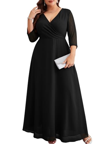 Plus Size Maxi Formal Dress Lace Chiffon Floral V-Neck Wrap Wedding Guest Evening Gown Cocktail Prom 3/4 Sleeves