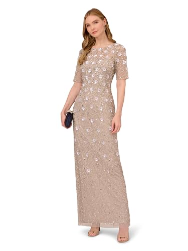 Women's Long Hand Beaded 3D Floral Dress with Elbow Sleeves
