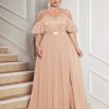 Women's Plus Size Sequins Lace Off Shoulder Short Sleeves Slit Formal Wedding Guest Chiffon Long Dress