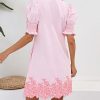 Women's Summer Embroidered Mini Dress Short Puff Sleeve Ruffle Collar Button Front Shift Dress