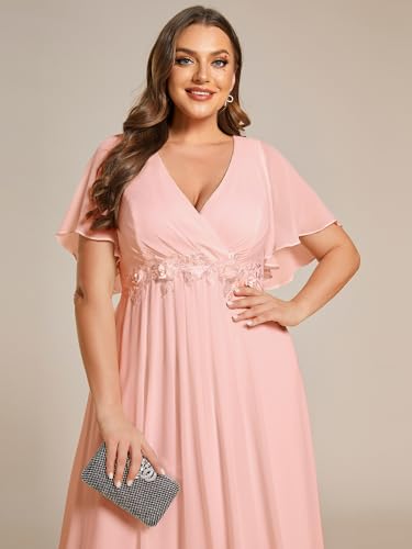 Chiffon V Neck Short Sleeves Appliques Plus Size Formal Dresses for Curvy Women Evening Gowns 01960-DA