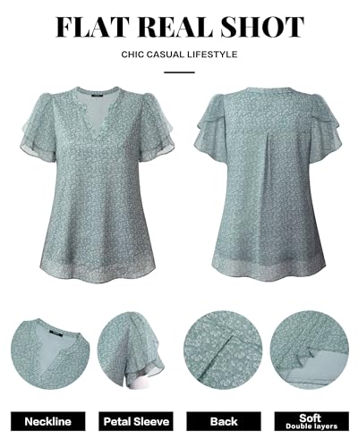 Womens Dressy Chiffon Blouses Summer Puff Petal Short Sleeve Shirts V Neck Casual Work Tops
