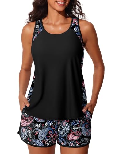 Blouson Tankini Swimsuits for Women 2025 Tummy Control Two Piece Bathing Suits with Sporty Pockets Swim Shorts
