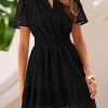 2025 Women Summer Short Dress V Neck Short Sleeve A Line Hollow Out Lace Ruffle Cute Casual Beach Party Dresses