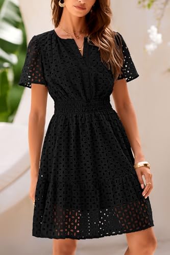 2025 Women Summer Short Dress V Neck Short Sleeve A Line Hollow Out Lace Ruffle Cute Casual Beach Party Dresses
