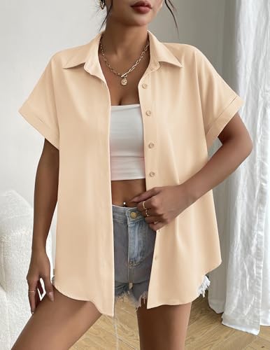 412vtu3wEuL.jpg Short Sleeve Summer Tops for Women Casual Button Down Shirts Solid/Striped Business Work Blouses
