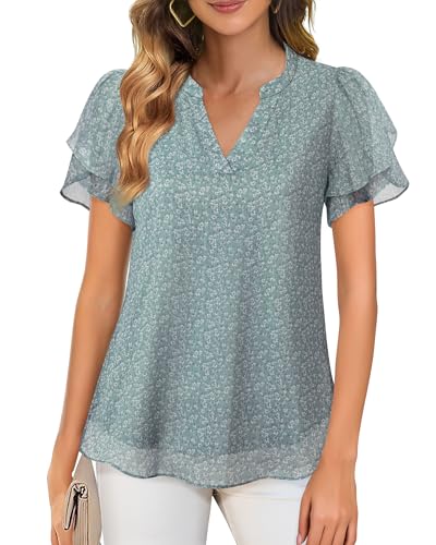 Womens Dressy Chiffon Blouses Summer Puff Petal Short Sleeve Shirts V Neck Casual Work Tops