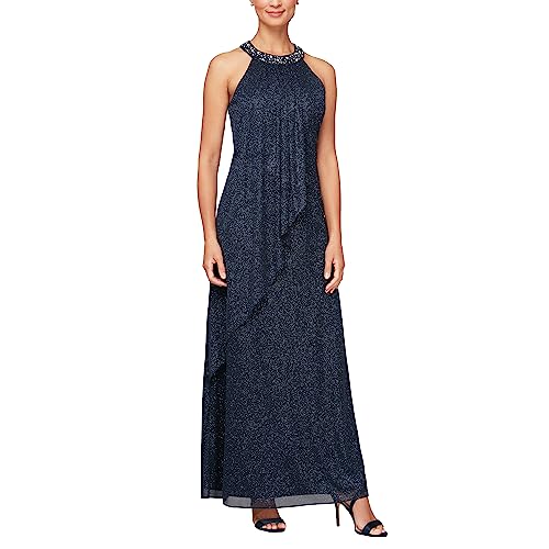 Women's Long Length Glitter Mesh Formal Gown with Beaded Halter Neckline, Wedding Guest, Prom Dress