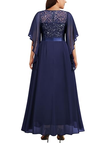Women's Plus Size Sequin Lace with Ruffle Cape Cloak Sleeves Elegant Evening Wedding Party Maxi Dress