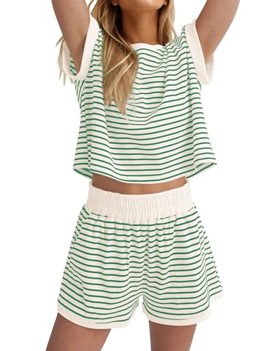 Women Summer 2 Piece Lounge Sets Striped Short Sleeve Tee Shirts Mini Shorts Loungewear Shorts Set Ribbed Pajama Set
