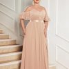 Women's Plus Size Sequins Lace Off Shoulder Short Sleeves Slit Formal Wedding Guest Chiffon Long Dress