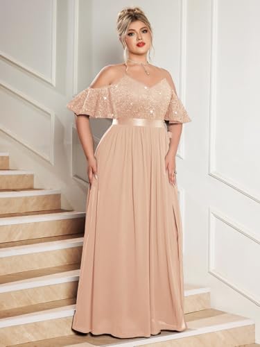 Women's Plus Size Sequins Lace Off Shoulder Short Sleeves Slit Formal Wedding Guest Chiffon Long Dress