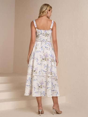 Floral Corset Midi Dress Lace Up Cutout Flowy Summer Wedding Guest Dresses for Women Sundress with Pockets