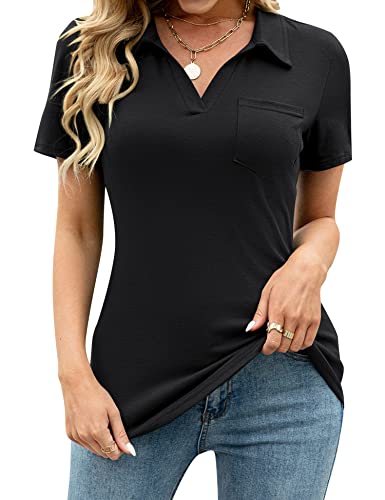 Womens V Neck Polo Shirts Short Sleeve Collared Tops Loose Casual Tunic Blouses with Pocket