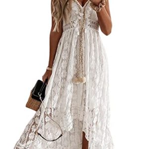 Women's Summer Dresses Sleeveless Lace Casual Tassel Beach Spaghetti Straps Flowy Maxi Sun Dress
