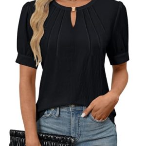 Womens Dressy Casual Tops Keyhole Business Work Blouses Pleated Puff Sleeve Summer Shirts