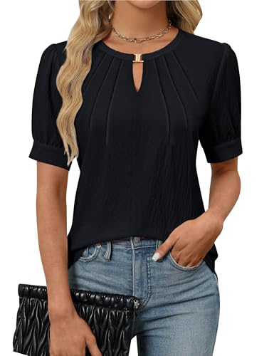 Womens Dressy Casual Tops Keyhole Business Work Blouses Pleated Puff Sleeve Summer Shirts