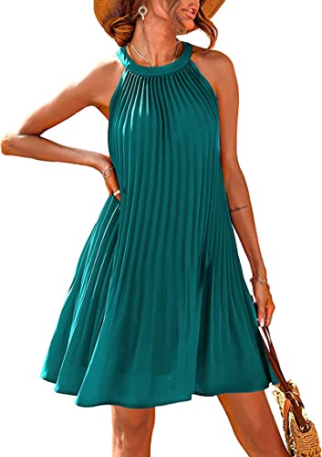 Women's Cute Halter Neck Sleeveless Mini Dress Solid Color Flowy Pleated Beach Dress Sundress
