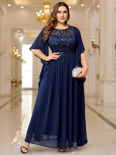 Women's Plus Size Sequin Lace with Ruffle Cape Cloak Sleeves Elegant Evening Wedding Party Maxi Dress