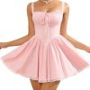 Womens Summer Mini Dress Square Neck Tie Front Lace Spliced Ruched Backless Casual Party Graduation Short Bodycon Dresses