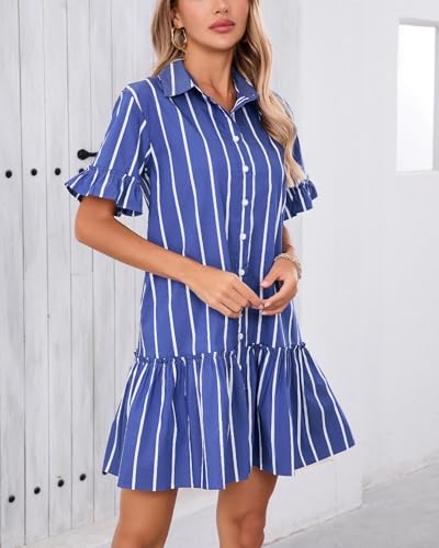 417dMANOvlL.jpg Women's Cotton Linen Ruffle Mini Dress Short Sleeve Button Down Drop Waist Tunic Shirt Dress