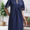 Women's Summer Flutter Short Sleeve A Line Mini Dress Casual Contrast Trim V Neck Short Dress with Pockets