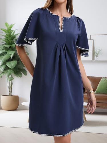Women's Summer Flutter Short Sleeve A Line Mini Dress Casual Contrast Trim V Neck Short Dress with Pockets