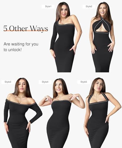 Dress Long Sleeve Midi Bodycon Dresses for Women Square Neck Shapewear Tummy Control Built-in Bra Party