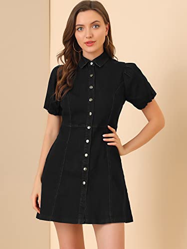 418FNJe-CiL.jpg Women's Denim Dress Button Down Pockets Puff Sleeve Collared Jean Dresses
