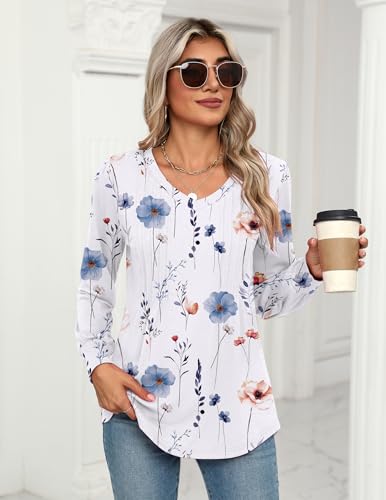 Women's Puff Long Sleeve Shirts Pleated V Neck Fall Tunic Tops Blouse Dressy Casual Loose Summer T-Shirts