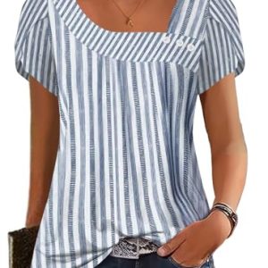 Womens Petal Sleeve Tops Summer Trendy T Shirt Casual Loose Square Neck Button Blouse Tees