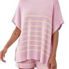 Women's Striped 2 Piece Outfits Oversized Batwing Short Sleeve Tops High Waisted Shorts Summer Knit Lounge Short Sets