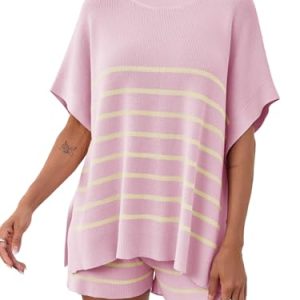 Women's Striped 2 Piece Outfits Oversized Batwing Short Sleeve Tops High Waisted Shorts Summer Knit Lounge Short Sets