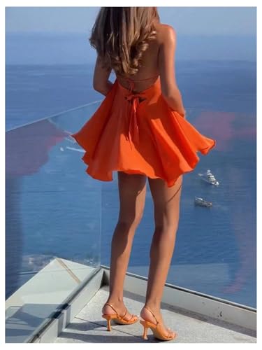 Women's Halter Dress Tie Open Back Twist Sleeveless Flowy A Line Mini Dresses