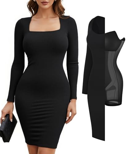 Dress Long Sleeve Midi Bodycon Dresses for Women Square Neck Shapewear Tummy Control Built-in Bra Party