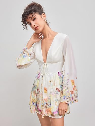 Dresses for Women Floral Print V Neck Long Sleeve High Waist Knotted Ruffle A Line Mini Dress