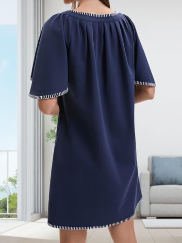 Women's Summer Flutter Short Sleeve A Line Mini Dress Casual Contrast Trim V Neck Short Dress with Pockets