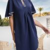 Women's Summer Flutter Short Sleeve A Line Mini Dress Casual Contrast Trim V Neck Short Dress with Pockets