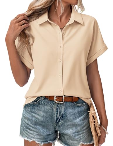 41AniCm7eSL.jpg Short Sleeve Summer Tops for Women Casual Button Down Shirts Solid/Striped Business Work Blouses