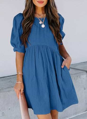 Womens Summer Crewneck Puff Sleeve Babydoll Elegant Empire Waist Mini Swing Skater Dresses with Pockets