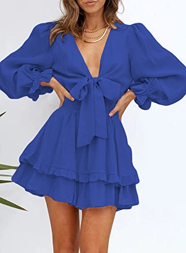 Womens Dresses Spring Summer Knot Front V Neck Ruffles Long Sleeve Floral Print Swing Mini Dress